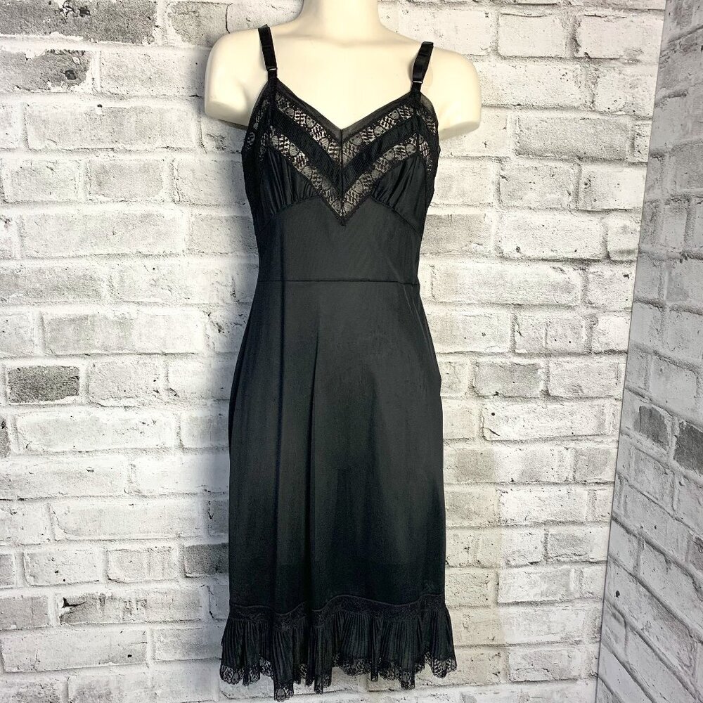 Vintage Babydoll Slip Dress Black Satin Sheer Lace Trim Ruffle Nightgown